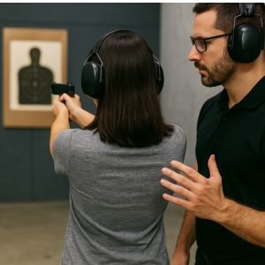 Aula experimental de tiro no Rio de Janeiro com instrutor credenciado orientando aluna em estande indoor