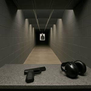 Curso de tiro no Rio de Janeiro realizado em estande indoor com alvos fixos e instrutor credenciado.