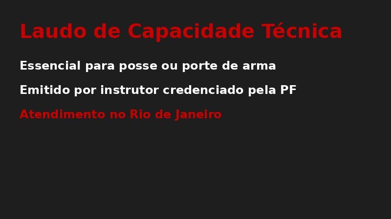 magem promocional sobre emissão de laudo de capacidade técnica para armas de fogo no Rio de Janeiro, com destaque para instrutor credenciado pela Polícia Federal.