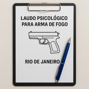 lustrativa de um laudo psicológico para de arma de fogo no Rio de Janeiro, com prancheta e desenho de pistola ao lado.