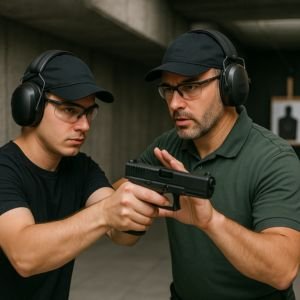 Home 2 Instrutor orientando aluno durante aula de tiro em clube de tiro no Rio de Janeiro, com foco em segurança e treinamento técnico.