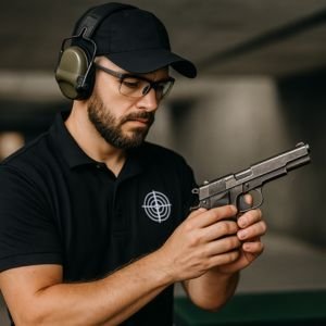 Instrutor de tiro avaliando uma pistola usada em estande de tiro no Rio de Janeiro, com atenção à segurança e funcionamento do armamento
