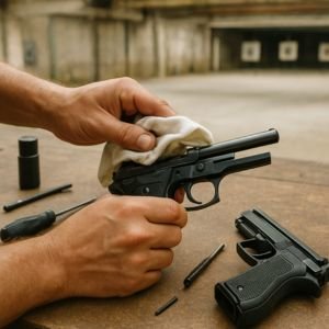 Mão de atirador limpando pistola em bancada de manutenção em um clube de tiro no Rio de Janeiro, com alvos ao fundo no estande